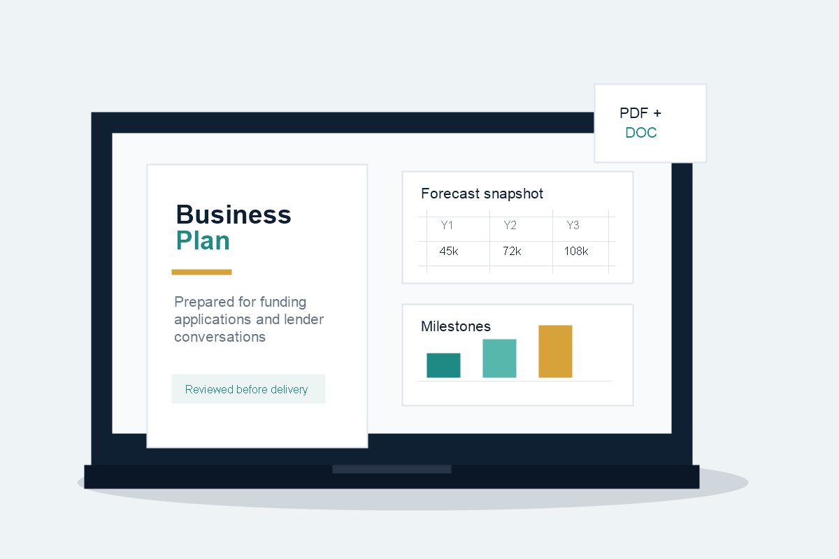 Mock-up showing a business-plan PDF cover and forecast table on a laptop